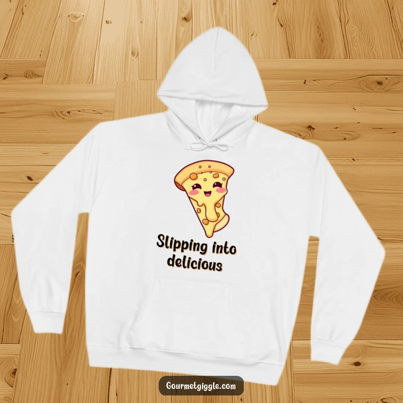 Funny hoodie featuring a cheerful pizza slice with its cheesy topping hilariously detaching, perfect for comfort and laughs.