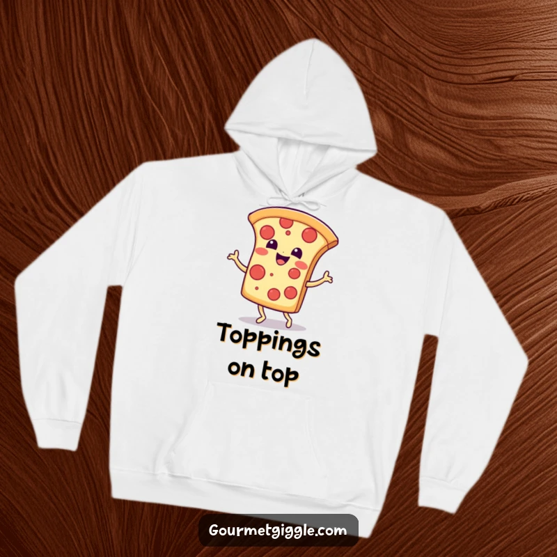 Funny Hoodie: A happy, smiling pizza slice performing a lively jig, offering cozy vibes and cheesy dance enthusiasm.