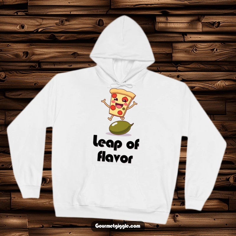 Funny hoodie showcasing a grinning pizza slice with legs jumping over a giant olive, for cozy pizza enthusiasts.