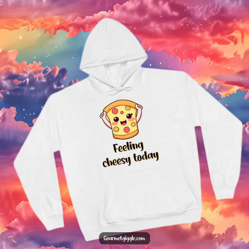 Funny pizza slice hoodie showing a happy pizza character with its arms raised high, ready to share some cheesy goodness. Soft and warm.