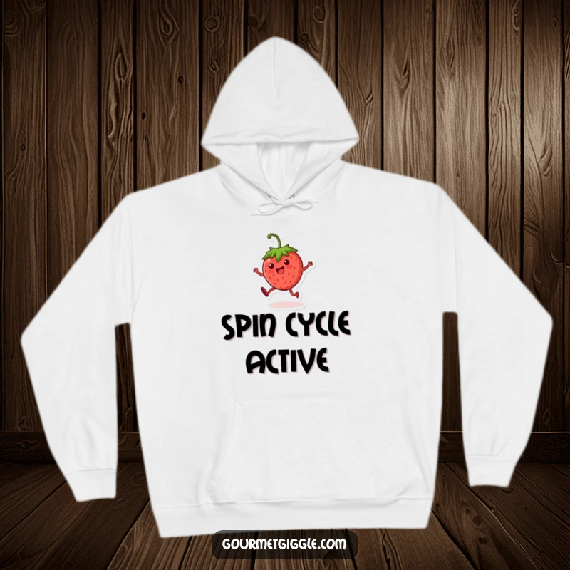 Funny strawberry character hoodie, a round and cheerful fruit performing an energetic cartwheel, designed for amusement.