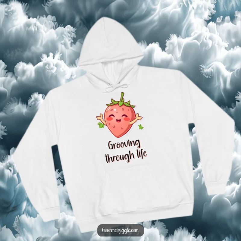 Smiling strawberry wiggling its green leaves like arms, radiating cute energy, a cozy and humorous hoodie.