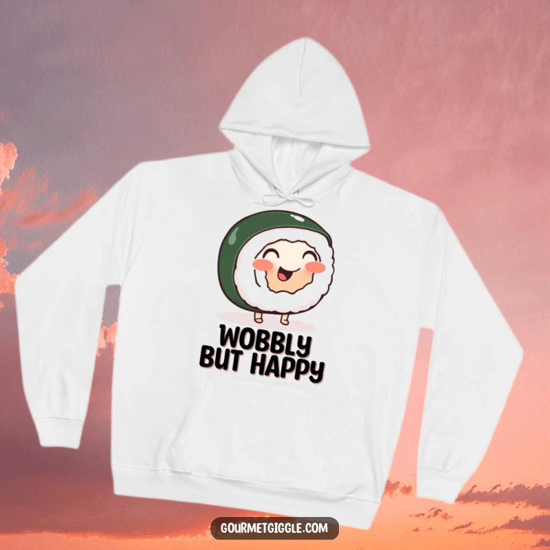 Funny hoodie with a cheerful, wobbly sushi roll doing a happy jig, offering comfort and a dose of humor.