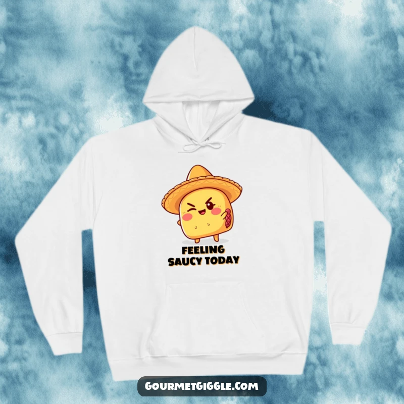 Funny taco hoodie wearing a sombrero, giving a mischievous wink, perfect for staying warm with a side of playful humor.