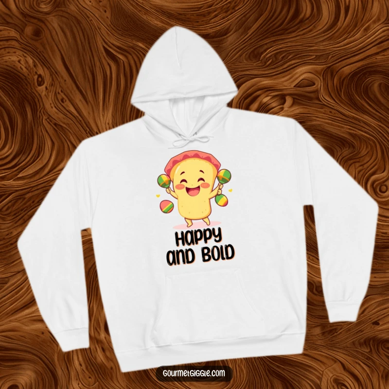 Funny taco hoodie featuring a smiling taco juggling three mini maracas with giddy excitement, ideal for cozy, festive wear.