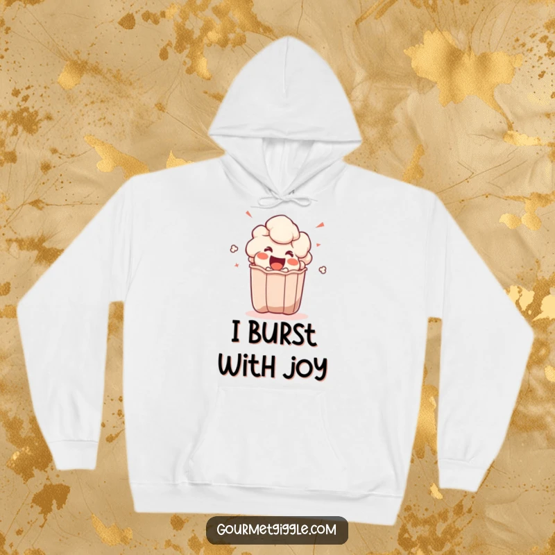 Funny popcorn kernel hoodie depicting a happy character popping out of a bag, offering warmth and movie-themed humor.