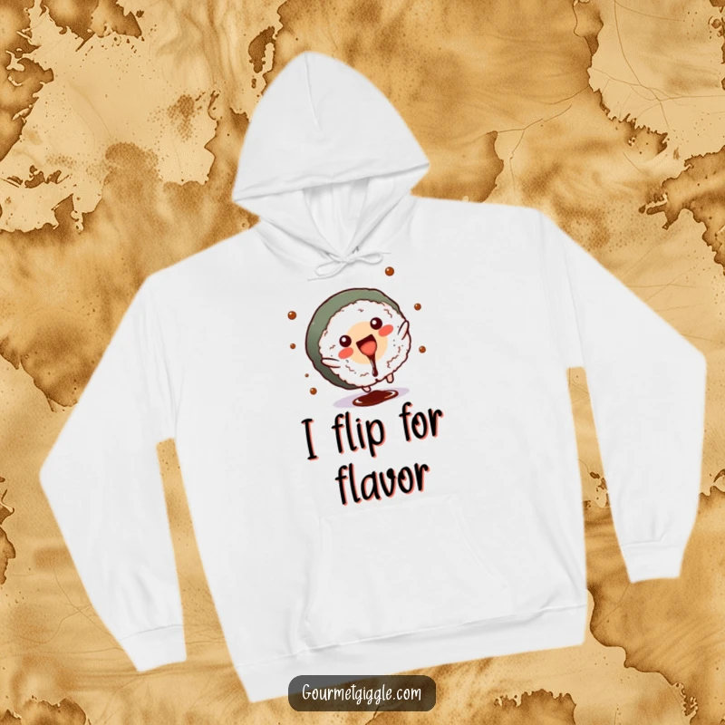 Funny sushi roll hoodie showing a cheerful cartwheel with soy sauce splash, highlighting playful energy.