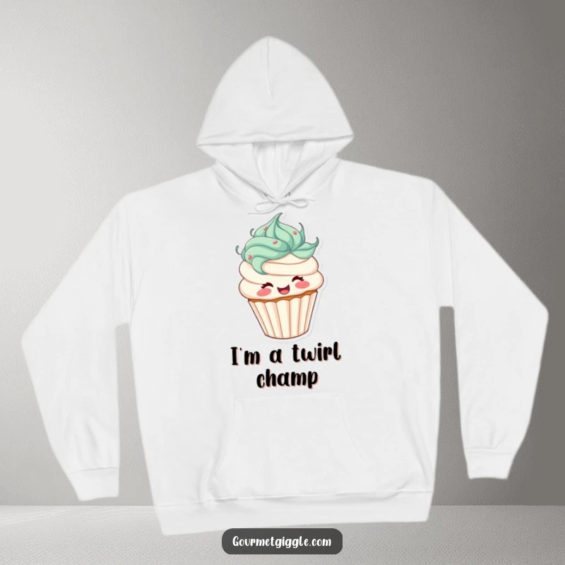 Funny cupcake hoodie showcasing a delighted cupcake with flowing frosting hair, captured mid-spin. Ideal for cold days when you need a laugh.