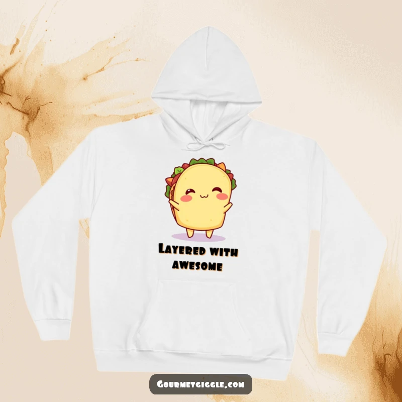 Funny Taco Hoodie: A happy taco shimmying with its delicious filling, radiating warmth and hilarious joy in a cozy pullover.