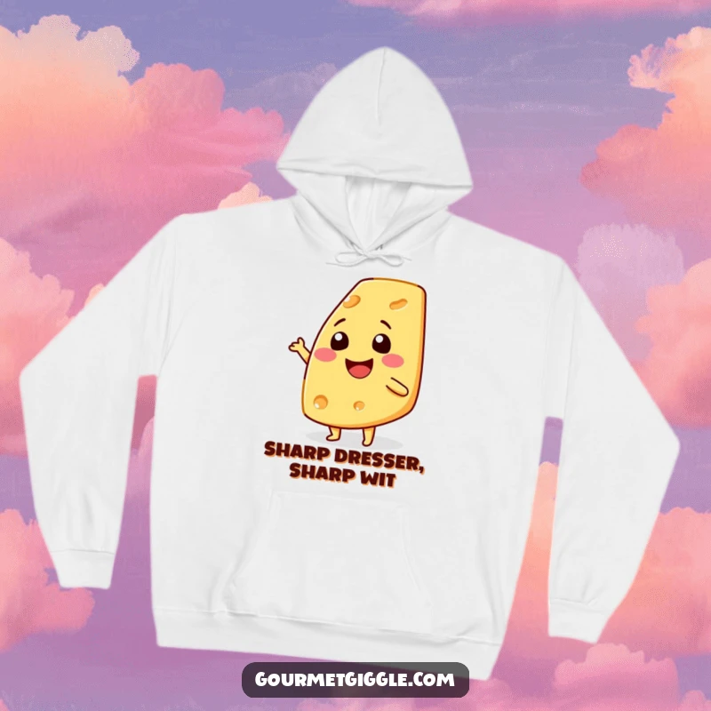 Funny smiling cheese wedge hoodie, soft and warm, depicted doing a happy shimmy, great for chilly days and cheesy humor.