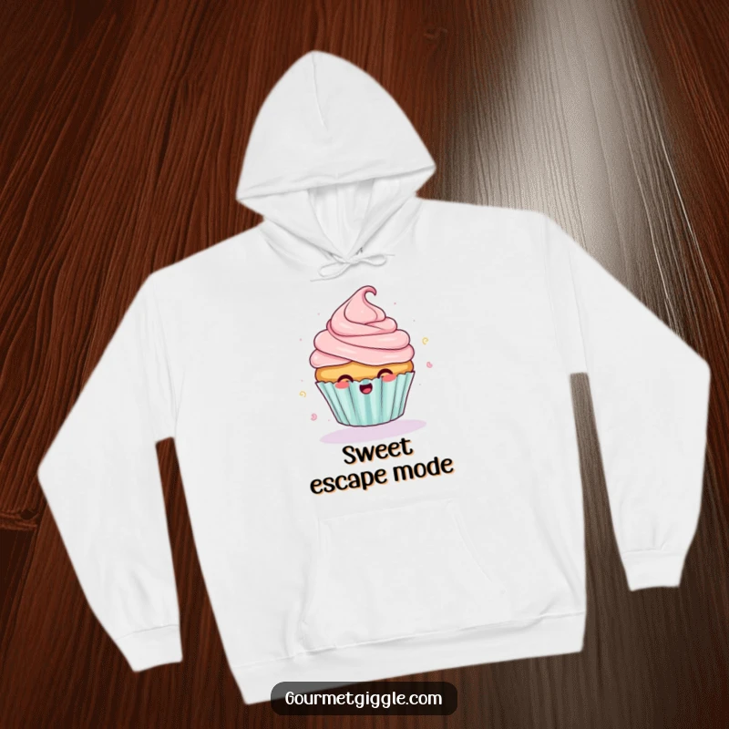 Funny giggling cupcake hoodie with frosting flying off mid-spin, offering cozy warmth and a side-splittingly humorous design.