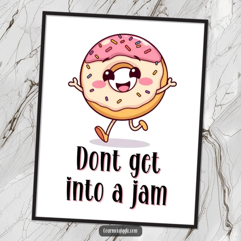 Funny Free Printable Wall Art: A Sprinkled Donut With a Grin Doing a Little Jump