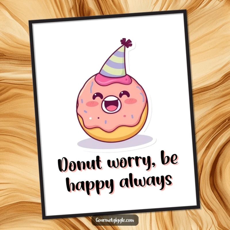 Funny Free Printable Wall Art: A delighted donut wearing a party hat, perfect for sweet and humorous downloadable decor.