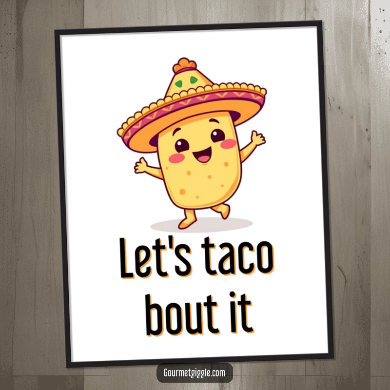 Funny Free Printable Wall Art: Beaming taco wearing a sombrero doing a salsa step, vibrant downloadable art.