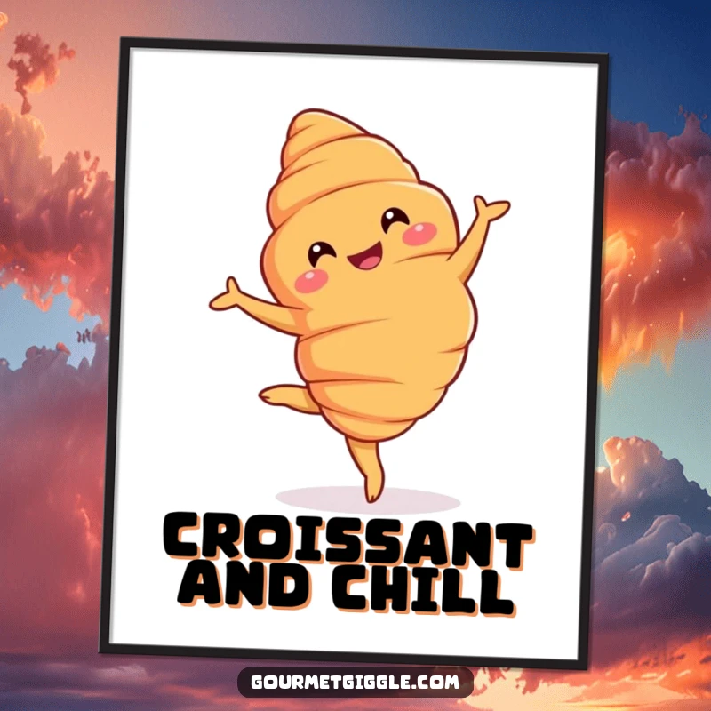 Funny Free Printable Croissant Wall Art: A grinning croissant elegantly pirouetting, adding whimsical charm and humor to your wall.