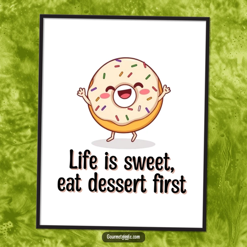 Funny Free Printable Wall Art of a joyful donut with sprinkles doing an energetic wiggle dance.