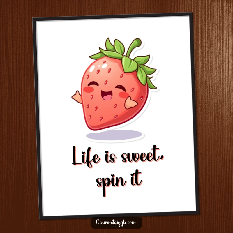 Funny Free Printable Wall Art: A giggling strawberry captured mid-spin, radiating playful energy and sweet charm.