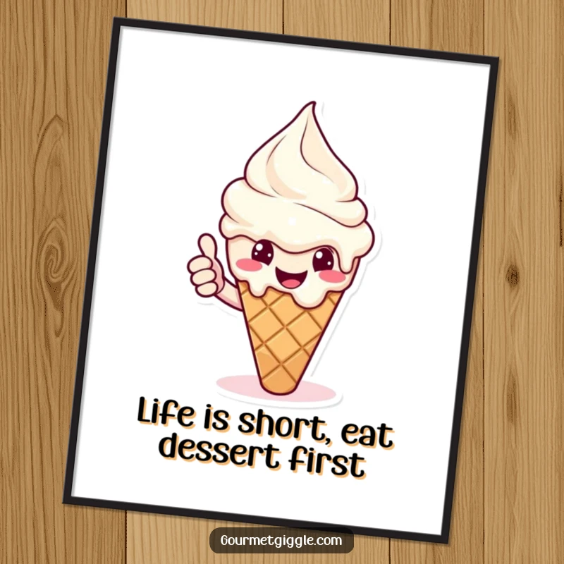 Funny Free Printable Wall Art of a melting ice cream cone with a cheerful expression giving a confident thumbs up.