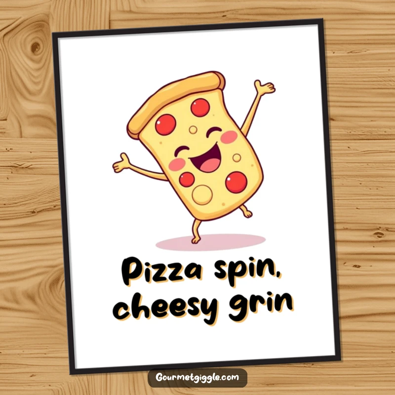 Funny Free Printable Wall Art: Smiling slice of pizza doing a joyful cartwheel with energy. A humorous, downloadable food art.