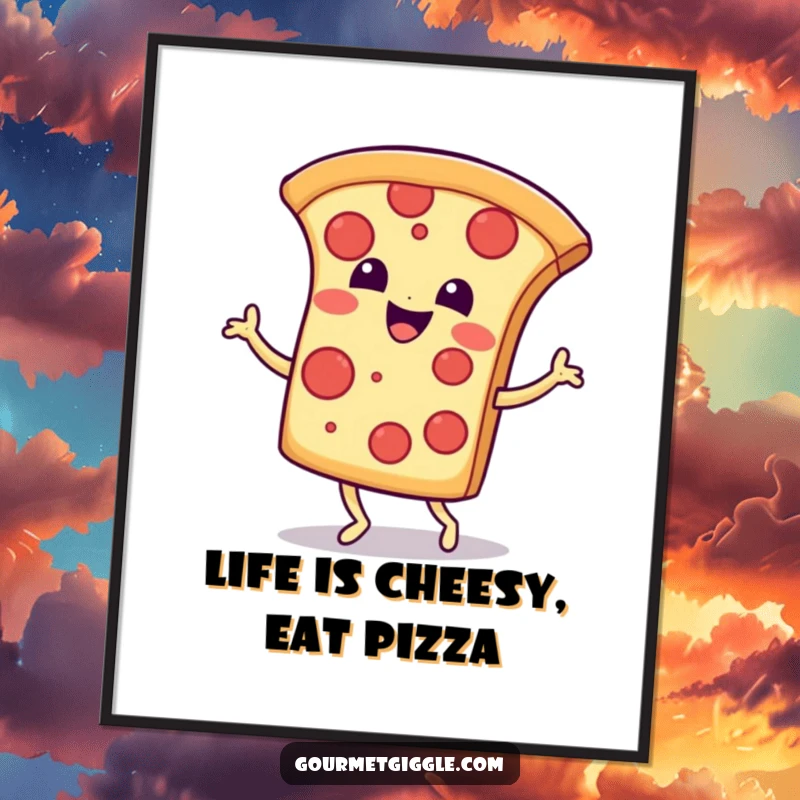 Funny Free Printable Pizza Wall Art: A smiling pizza slice doing a happy jig, bringing cheesy joy and humor to any room.