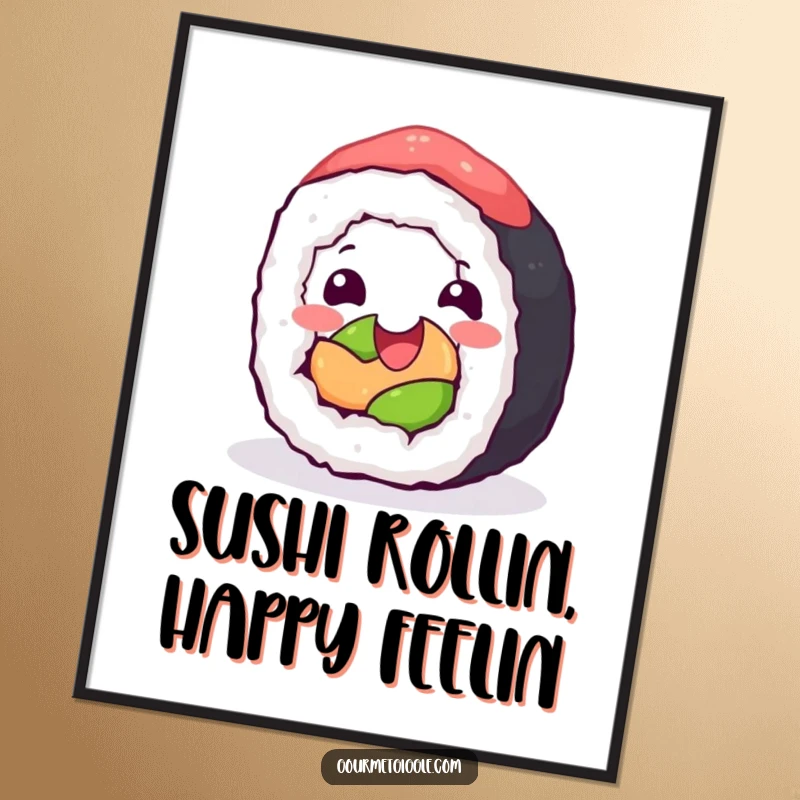 Funny Free Printable Sushi Wall Art: A happy sushi roll rolling with pure glee, adding playful charm and humor to your walls.