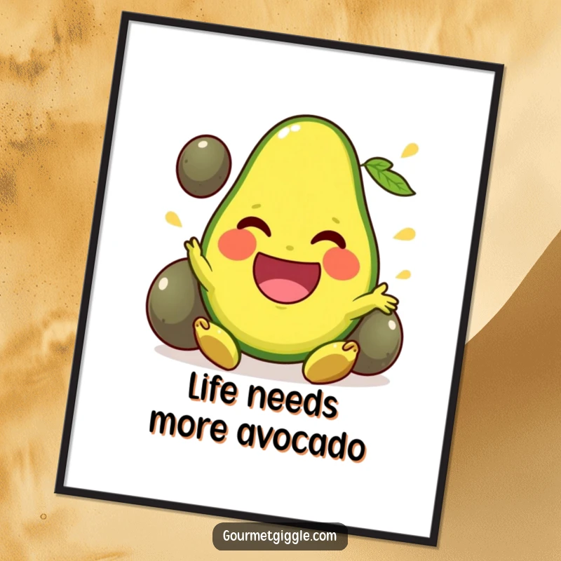 Funny free printable wall art: a beaming avocado with a wide smile, skillfully juggling its pits, adding a touch of humor.