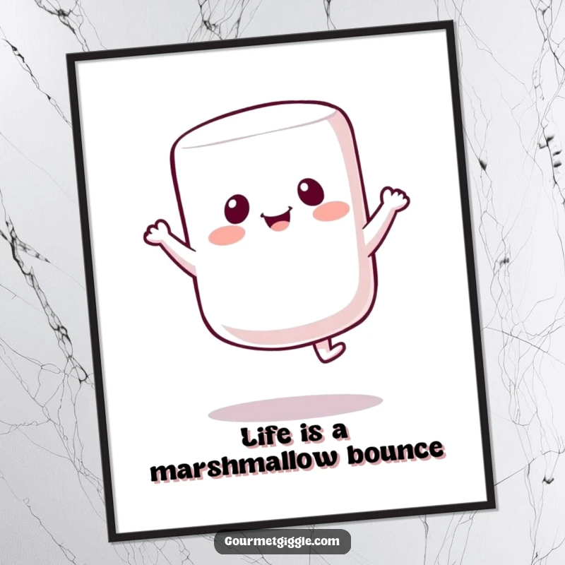 Funny Free Printable Wall Art: A cheerful marshmallow character happily bounces, creating sweet and humorous decor.