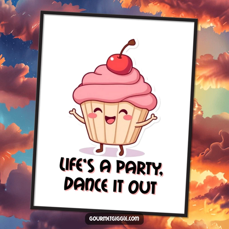 Funny Free Printable wall art: A happy cupcake with a cherry on top in a lively, joyful dance pose.