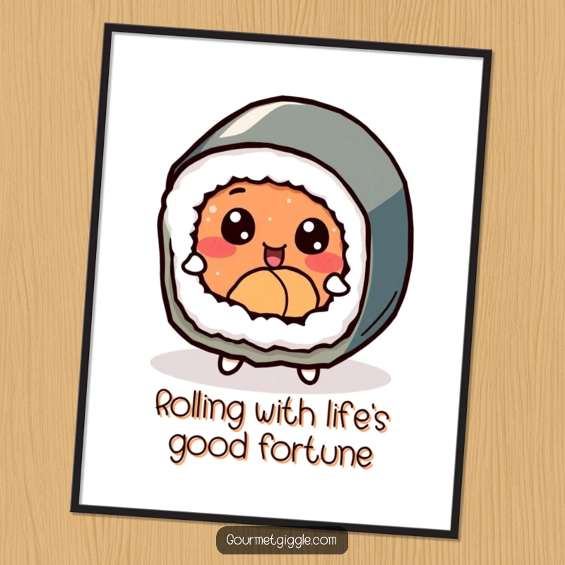 Free Printable Wall Art: A happy sushi roll with wide, expressive eyes, dancing with delight, perfect for a fun, foodie vibe.