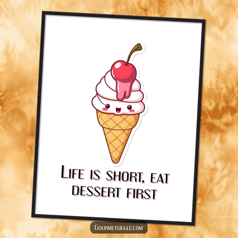Funny free printable wall art: a delighted ice cream cone with a cherry, melting slightly, exuding a cool and cheerful vibe.