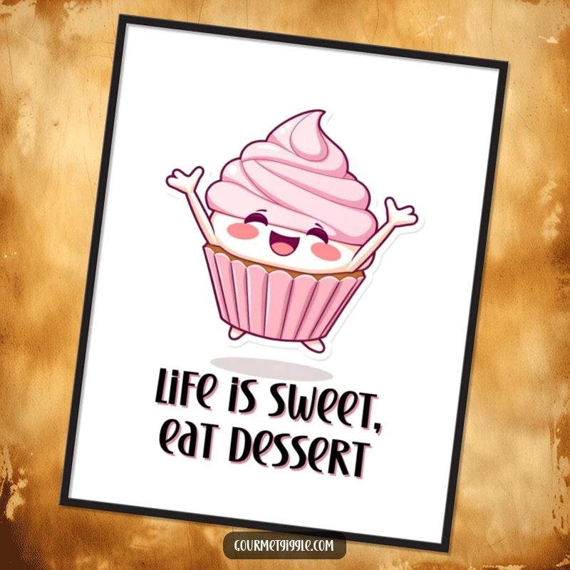 Funny Free Printable Wall Art: A cheerful cupcake character leaping high with excitement, spreading happiness and sweetness.