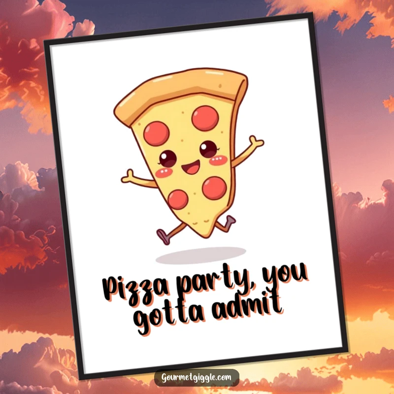 Funny Free Printable Wall Art: A smiling pizza slice with tiny legs happily skips across the space.