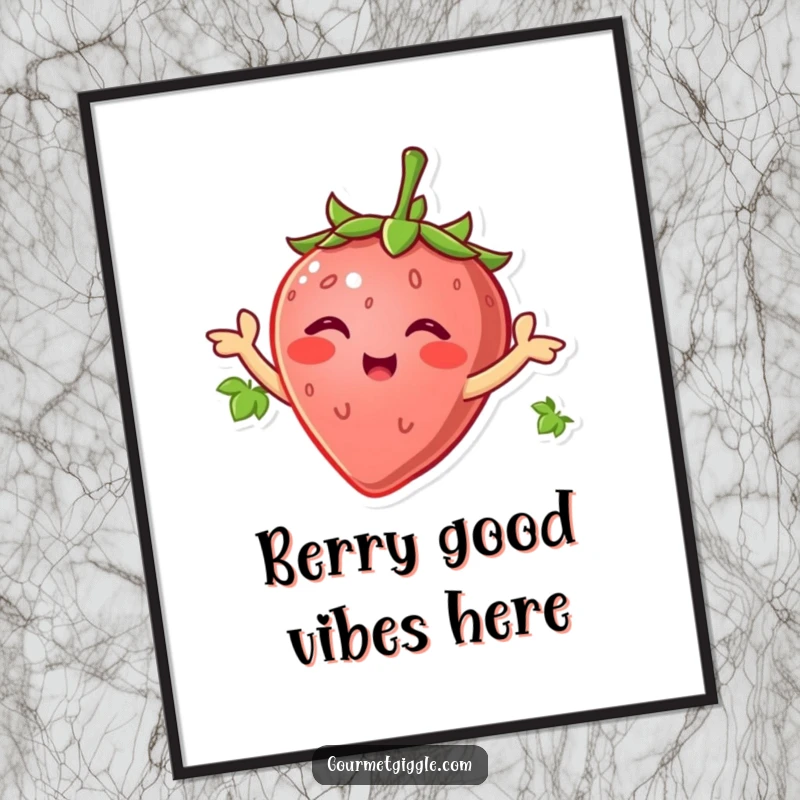 Funny Free Printable Wall Art: A smiling strawberry wiggles its leaves animatedly like arms, radiating cheerful, fruity vibes.