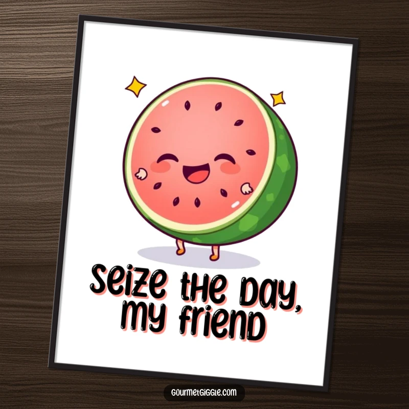 Funny Free Printable Wall Art of a giggling watermelon slice with star seeds doing energetic cartwheels.