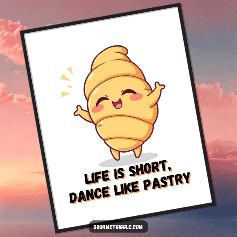 Funny Free Printable Wall Art: A winking croissant caught mid-dance with a dramatic flourish, adding playful charm.