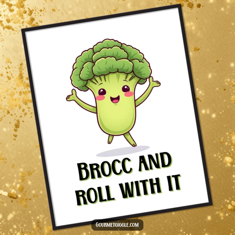 Funny Free Printable Wall Art: A happy broccoli floret with green arms dances and sways merrily, full of life.