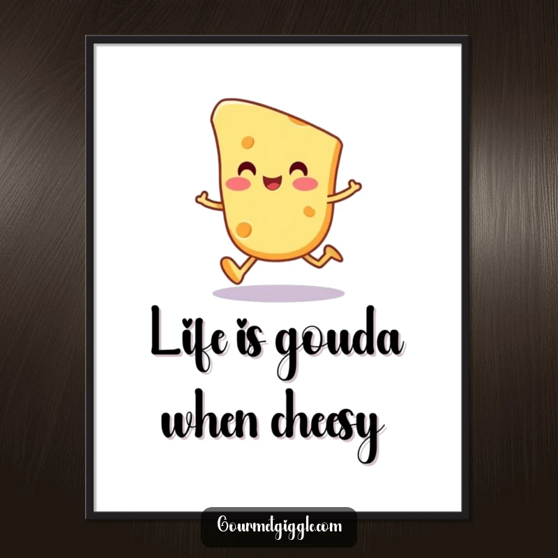 Funny Free Printable Wall Art: A happy, round cheese slice character doing a wobbly trot.