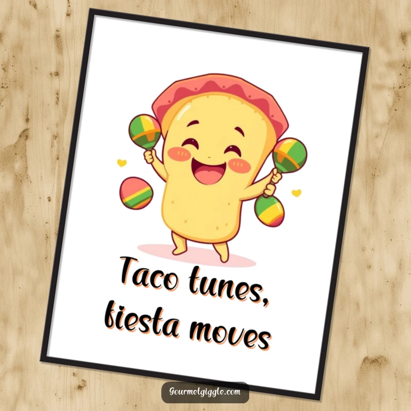 Funny Free Printable Wall Art: A smiling taco gleefully juggles three mini maracas with infectious, giddy excitement.