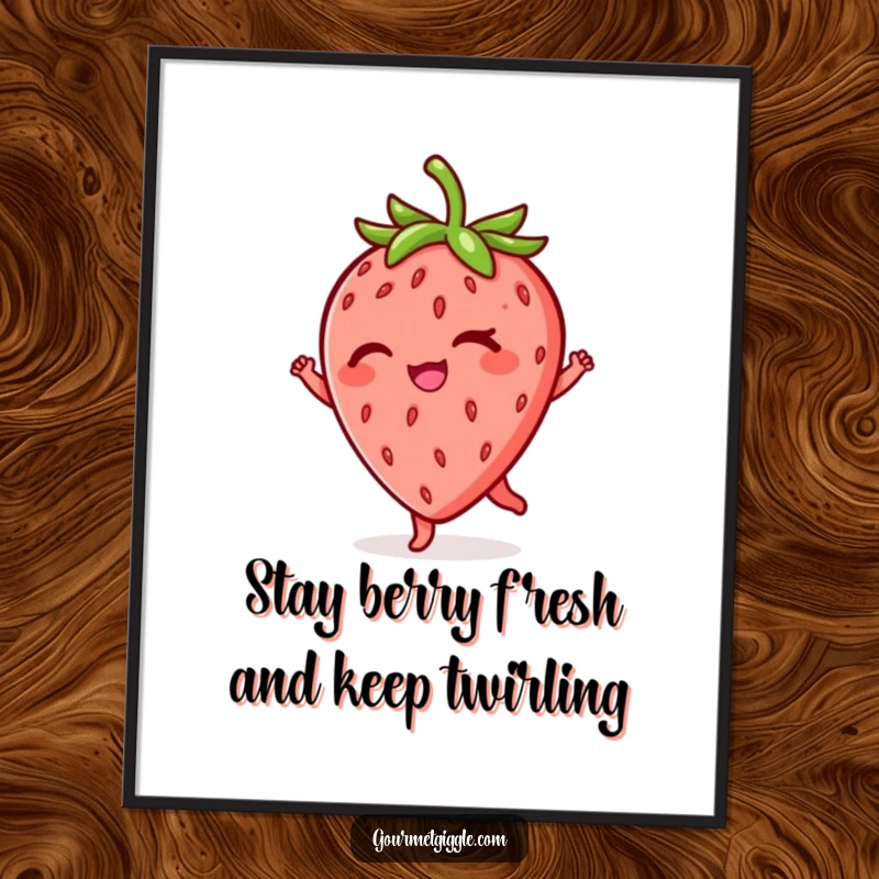 Funny Free Printable wall art of a delightful strawberry winking and performing a whimsical twirl, adding character to any room.