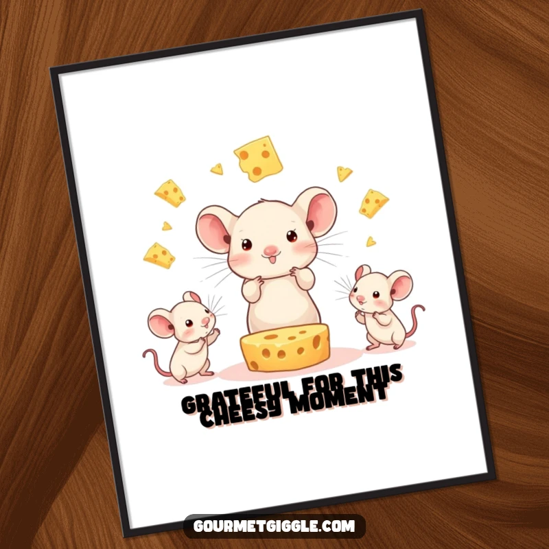 Funny Free Printable Wall Art: A beaming cheese character joyfully juggles three tiny mice, creating a humorous decorative piece.