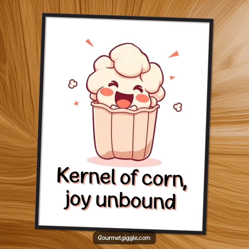 Funny Free Printable Wall Art of an excited popcorn kernel popping out of a bag, bringing cinematic joy to any room.