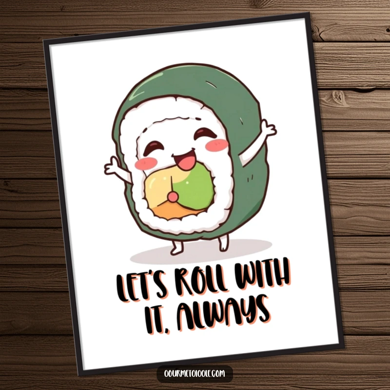 Funny Free Printable Wall Art: A smiling sushi roll character performing a wobbly, silly dance.