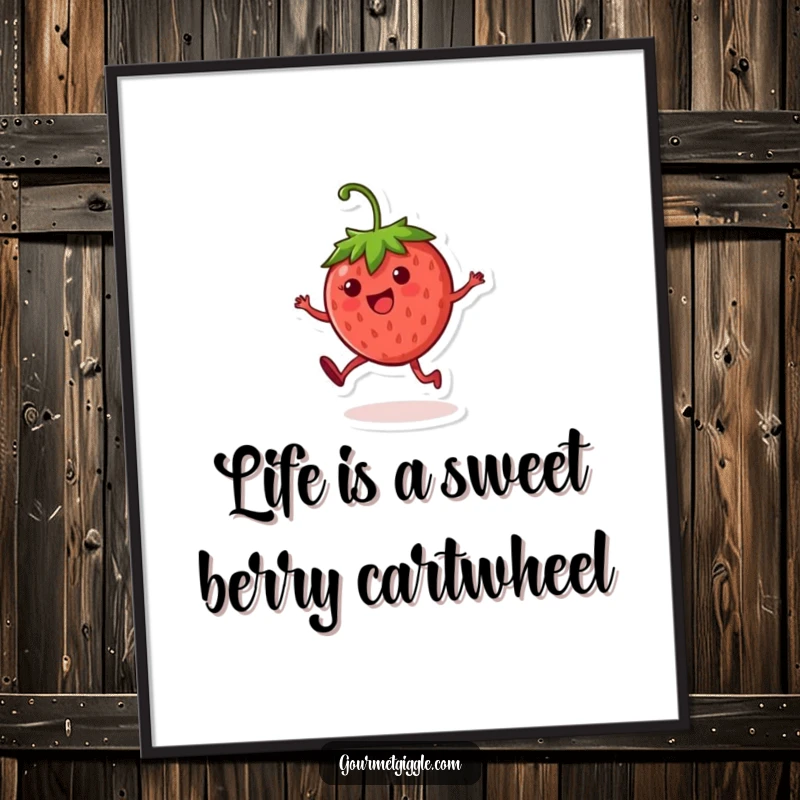 Funny Free Printable Wall Art: A round, cheerful strawberry character performing a joyful cartwheel.