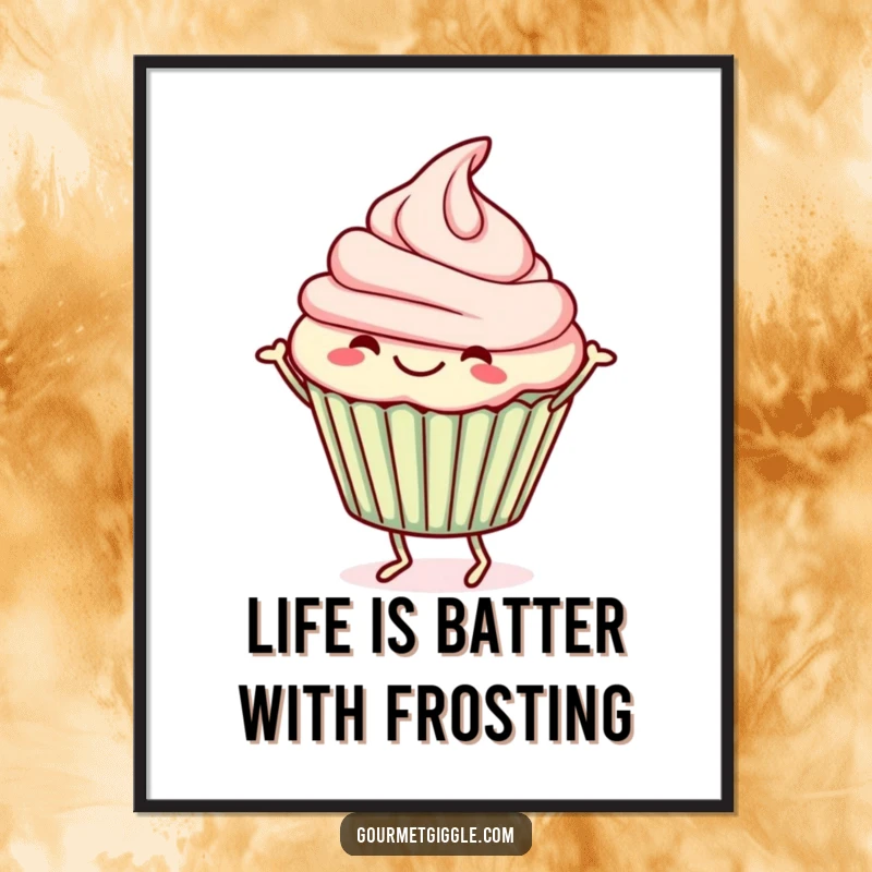 Funny free printable wall art: a cheerful cupcake with vibrant frosting energetically doing a happy jig, spreading joy.