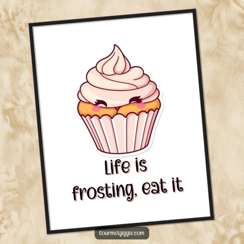 Funny Free Printable Wall Art: a tantalizing cupcake with frosting swirl winking playfully, a sweet treat for your wall.