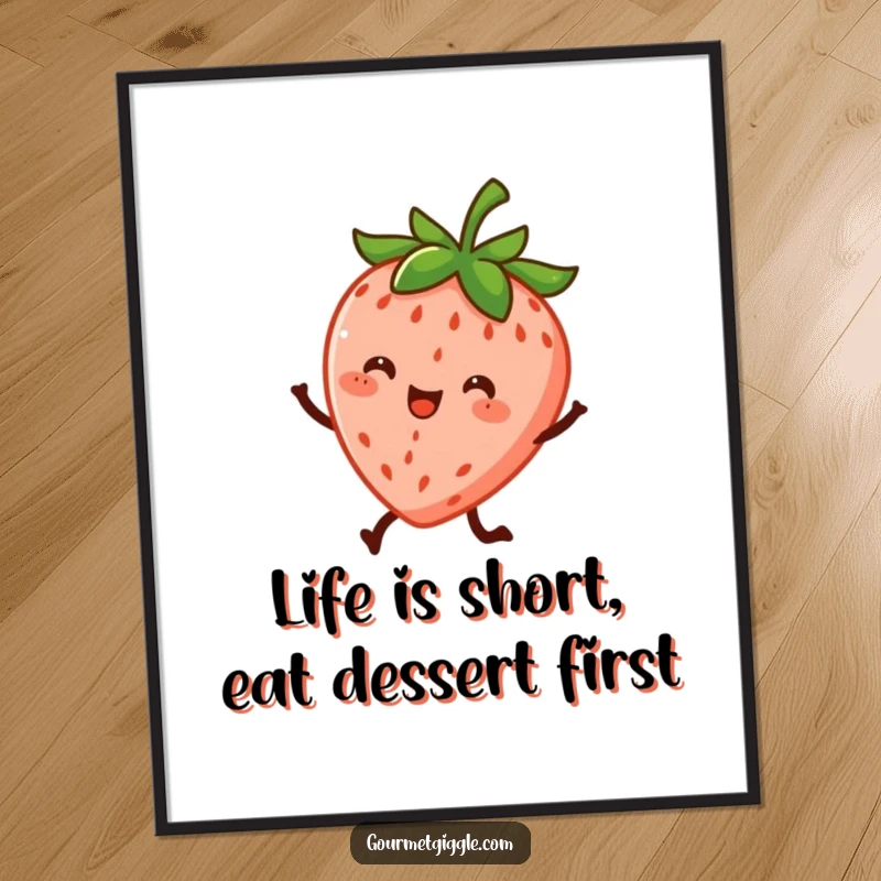 Funny Free Printable Wall Art: A cheerful strawberry with two small legs energetically dancing, adding fun to decor.
