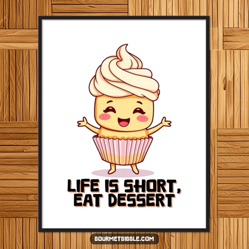 Funny Free Printable Wall Art: A happy cupcake with frosting hair performs a joyful little jig.