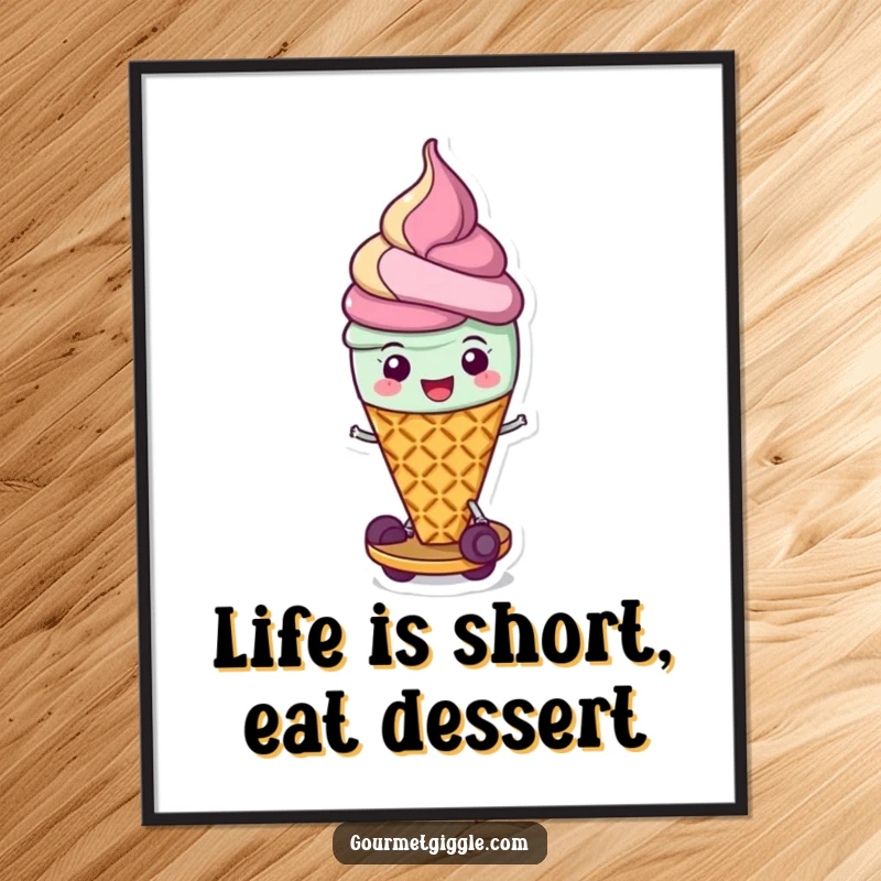 Funny Free Printable Wall Art: A cheerful ice cream cone scoots along on its waffle base, radiating joy.