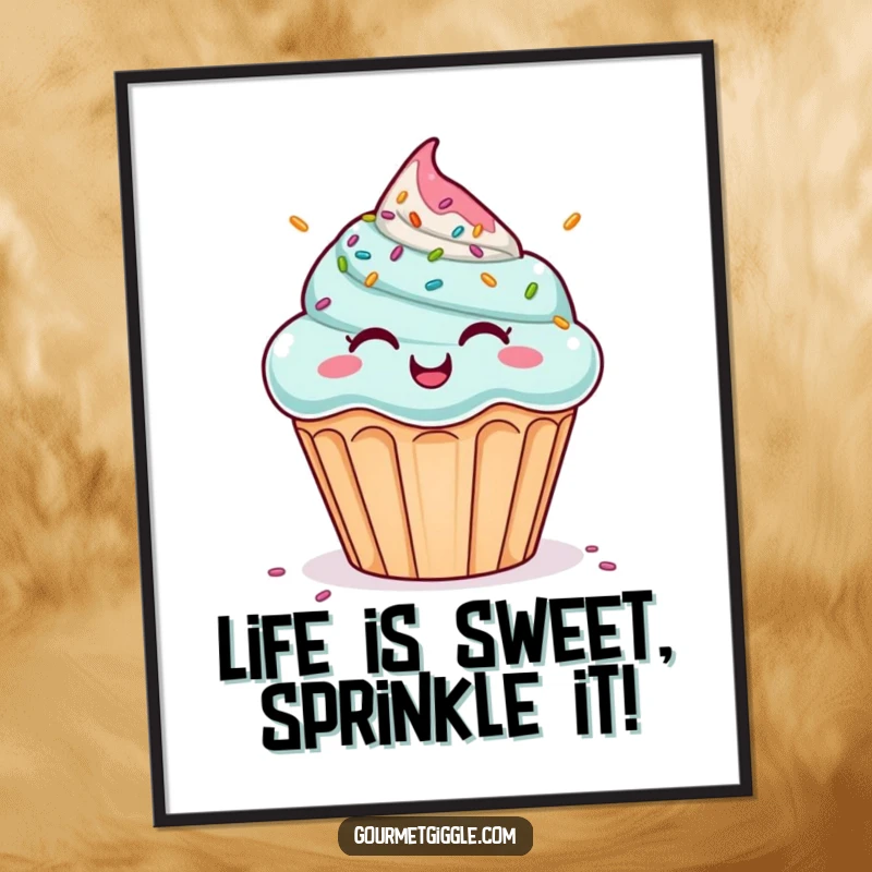 Funny Free Printable Wall Art: A cheerful, giggling cupcake showers down with a vibrant cascade of festive sprinkles.