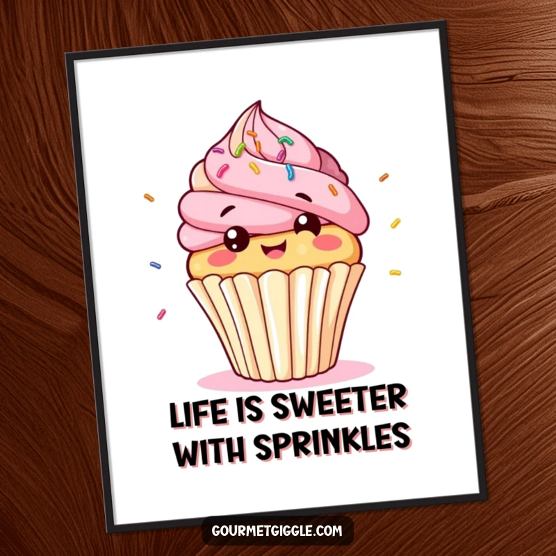 Funny Free Printable Wall Art: A giggling, bobbing cupcake character with bouncing sprinkles.